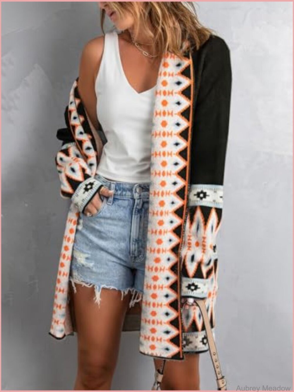Aztec Print Open Front Cardigan with Pockets - Picture 3 of 5